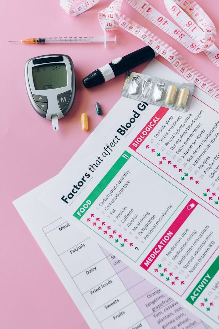 about-me-02 Close-up of diabetes management tools and information on a pink background.